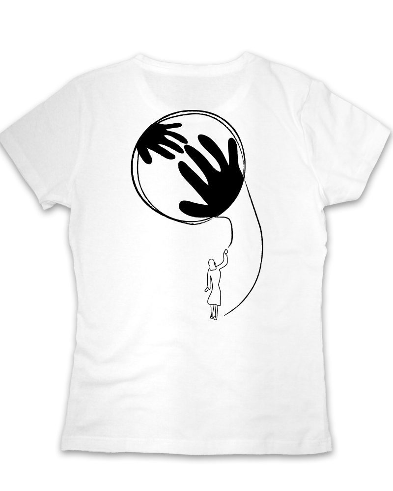 hands touching-back side white women’s t-shirt